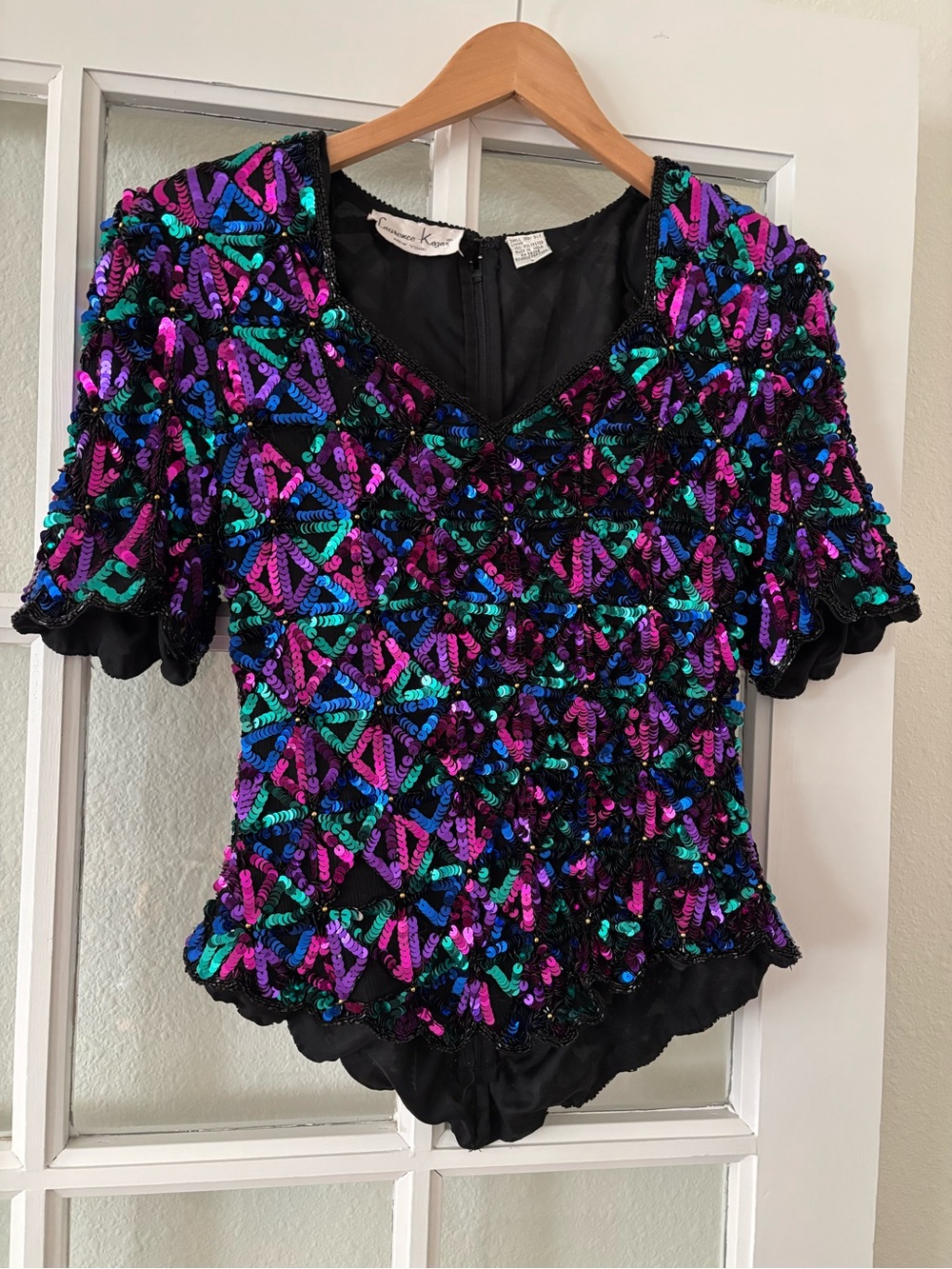 Vintage Laurence Kazar Black Sequined Top with Pink, Purple & Teal Accents